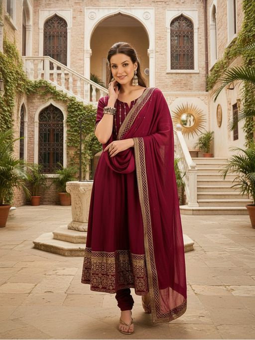 Vaamsi Women Maroon Embroidered Anarkali Kurta Churidar with Dupatta (Set of 3)