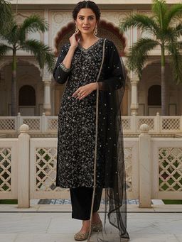 Vaamsi - Women Black Silk Blend Embroidered Party Wear Suit (Set of 3)