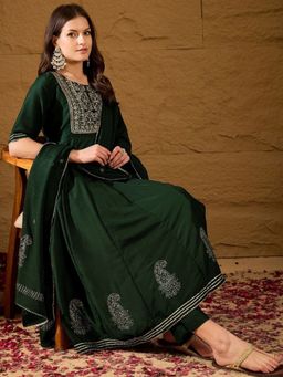 Vaamsi - Women Green Ethnic Motifs Embroidered Empire Kurta Trousers with Dupatta (Set of 3)