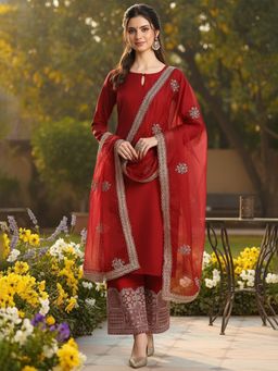 Vaamsi - Women Maroon Silk Blend Kurta Palazzo with Dupatta (Set of 3)