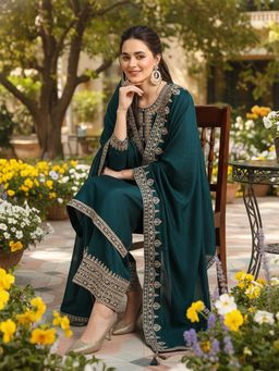 Vaamsi - Women Green Silk Blend Embroidered Kurta Palazzo with Dupatta (Set of 3)