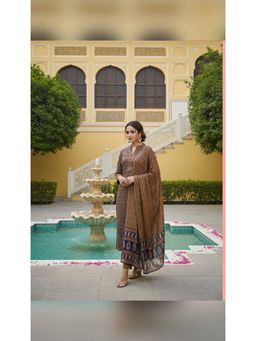 Vaamsi - Women Navy Blue Cotton Blend Ethnic Motifs Printed Kurta Trouser with Dupatta (Set of 3)