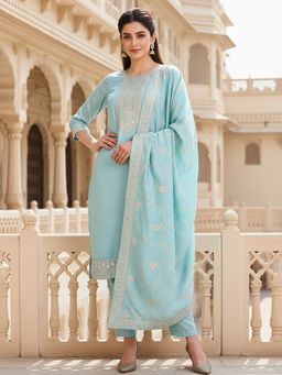 Vaamsi - Women Blue Silk Blend Embroidered Straight Kurta Pant with Dupatta (Set of 3)