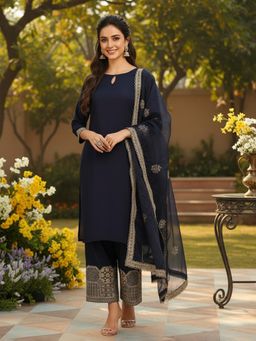 Vaamsi - Women Navy Blue Silk Blend Embroidered Kurta with Palazzo and Dupatta (Set of 3)
