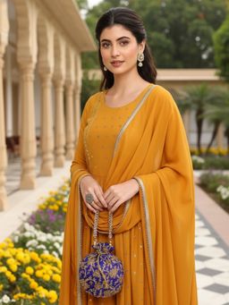 Vaamsi - Women Mustard Embroidered Straight Kurta and Palazzo with Dupatta (Set of 3)