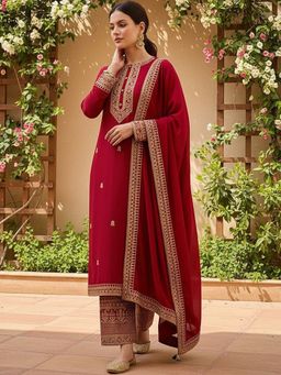 Vaamsi - Women Red Silk Blend Embroidered Straight Kurta Palazzo with Dupatta (Set of 3)