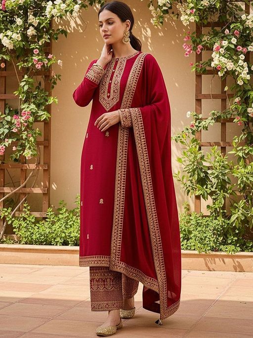 Vaamsi Women Red Silk Blend Embroidered Straight Kurta Palazzo with Dupatta (Set of 3)