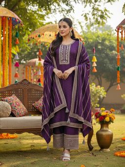 Vaamsi - Women Purple Embroidered Kurta with Palazzo and Dupatta (Set of 3)