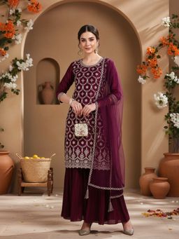 Vaamsi - Women Burgundy Embroidered Kurta with Sharara and Dupatta (Set of 3)