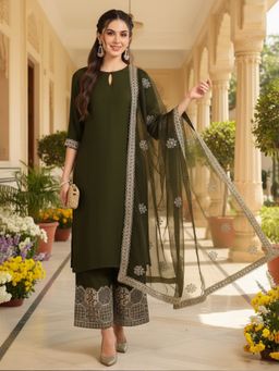 Vaamsi - Olive Silk Blend Solid Straight Kurta with Palazzos and Dupatta (Set of 3)