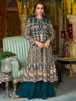 Vaamsi - Teal Georgette Embroidered Top with Palazzo and Jacket