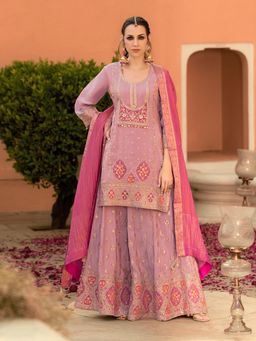 Vaamsi - Pink Embroidered Straight Kurta with Palazzo and Dupatta