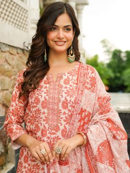Vaamsi - Red Floral Printed Straight Kurta with Pant and Dupatta