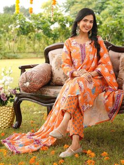 Vaamsi - Orange Floral Printed Straight Kurta with Pant and Dupatta