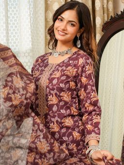Vaamsi - Brown Floral Printed Straight Kurta with Pant and Dupatta