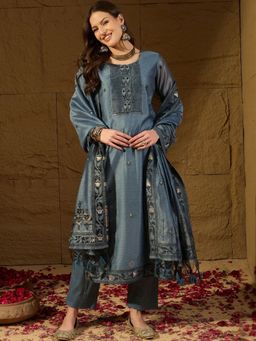 Vaamsi - Women Blue Chanderi Kurta Pant with Dupatta