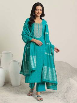 Libas - Women's Teal Embroidered Regular Fit Kurta with Pant and Dupatta