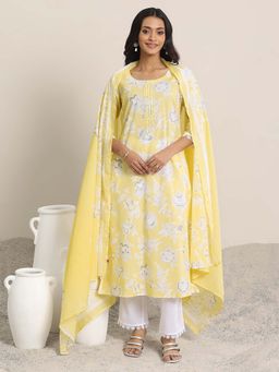 Libas - Women's Yellow Floral Straight Fit Kurta with Pant and Dupatta (Set of 3)