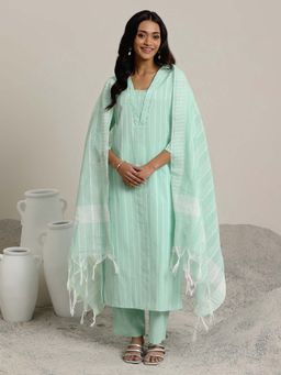 Libas - Women's Green Woven Straight Fit Kurta with Pant and Dupatta (Set of 3)