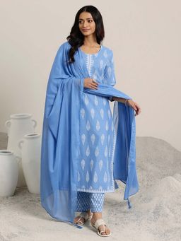 Libas - Women's Blue Printed Straight Fit Kurta with Pant and Dupatta (Set of 3)