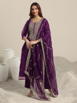 Libas - Womens Purple Embroidered Straight Fit Kurta with Pant and Dupatta (Set of 3)