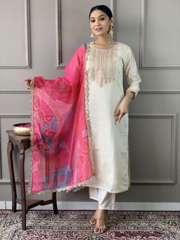Odette - Women's Off White Embroidered Regular Fit Kurta with Pant and Dupatta (Set of 3)