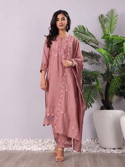 Varanga - Women's Mauve Embroidered Straight Fit Kurta with Pant and Dupatta (Set of 3)