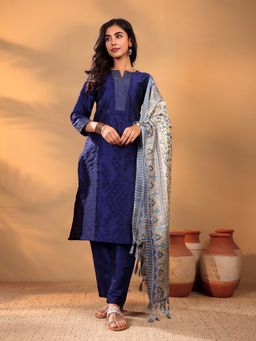 Varanga - Women's Navy Blue Woven Straight Fit Kurta with Pant and Dupatta (Set of 3)