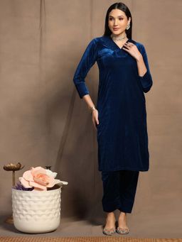 SHADES OF FAASHION - Women's Blue Solid A-Line Fit Kurta with Pant (Set of 2)