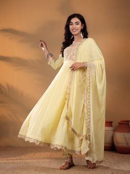 Varanga - Women's Yellow Embroidered Flared Fit Anarkali Kurta with Pant and Dupatta (Set of 3)