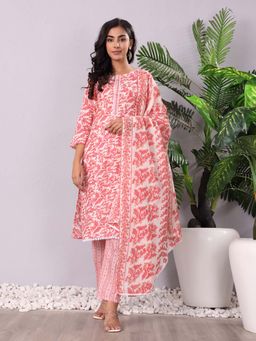 Varanga - Women's Pink Floral Straight Fit Kurta with Pant and Dupatta (Set of 3)