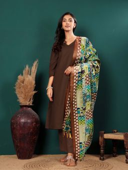 Varanga - Women's Brown Solid Straight Fit Kurta with Pant and Dupatta (Set of 3)