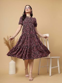 RAASSIO - Pink Floral Printed Fit and Flare Tier Dress for Women