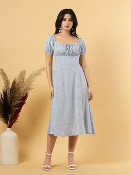 RAASSIO - Blue Rouched Bust A-Line Dress with Floral Print
