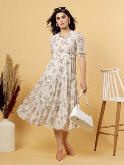 RAASSIO - White Roached Bust A-Line Dress with Floral Print