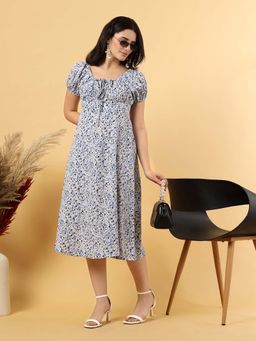 RAASSIO - Blue Roached Bust A-Line Dress with Floral Print