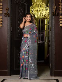 CHARUKRITI - Dark Grey Silk Cotton Handwoven Jamdani Saree