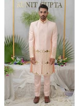 Runit Gupta - Zain Pink Embroidered Sherwani Kurta With Pyjama (Set of 3)