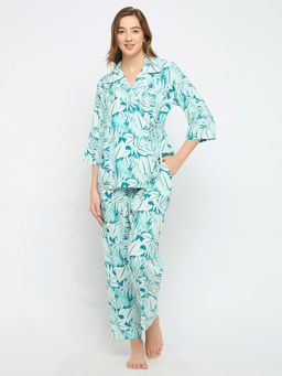 Clovia - Rayon Leaf Print Top and Pyjama Set In Light Blue