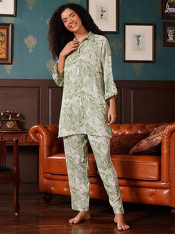 Clovia - Rayon Floral Print Long Button-Down Shirt and Pyjama Night Suit In Sage Green