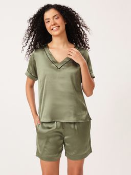Clovia - Satin Top and Shorts Set In Olive Colour