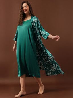 Clovia - Satin Printed Long Nighty and Robe Set