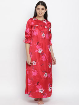 Oxolloxo - Carmine Red Floral Satin Print Women Nightwear Dress