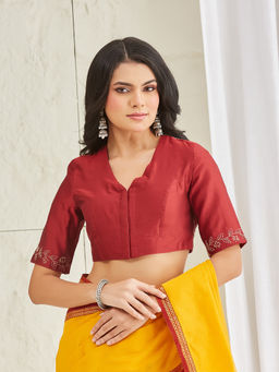 Fabindia - Women Maroon Embroidered Cotton Silk Stitched Blouse