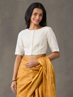 Fabindia - Women Off White Embroidered Cotton Silk Stitched Blouse