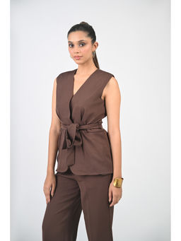 Ayrolane - Women Brown Solid/Plain Crepe Waist Coat