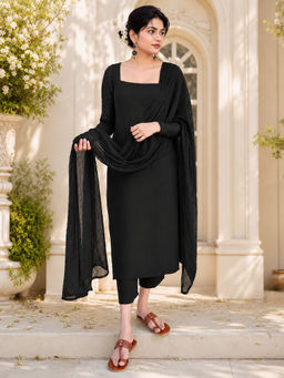Anveri Textiles - Women Black Solid/Plain Cotton Blend Kurta with Pant with Dupatta