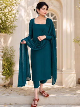 Anveri Textiles - Women Green Solid/Plain Cotton Blend Kurta with Pant with Dupatta