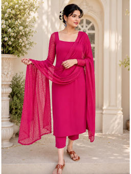 Anveri Textiles - Women Pink Solid/Plain Cotton Blend Kurta with Pant with Dupatta