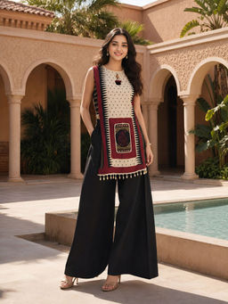 KAFTANIZE - Women Black Embellished/Sequined Cotton Blend Kurti with Palazzo